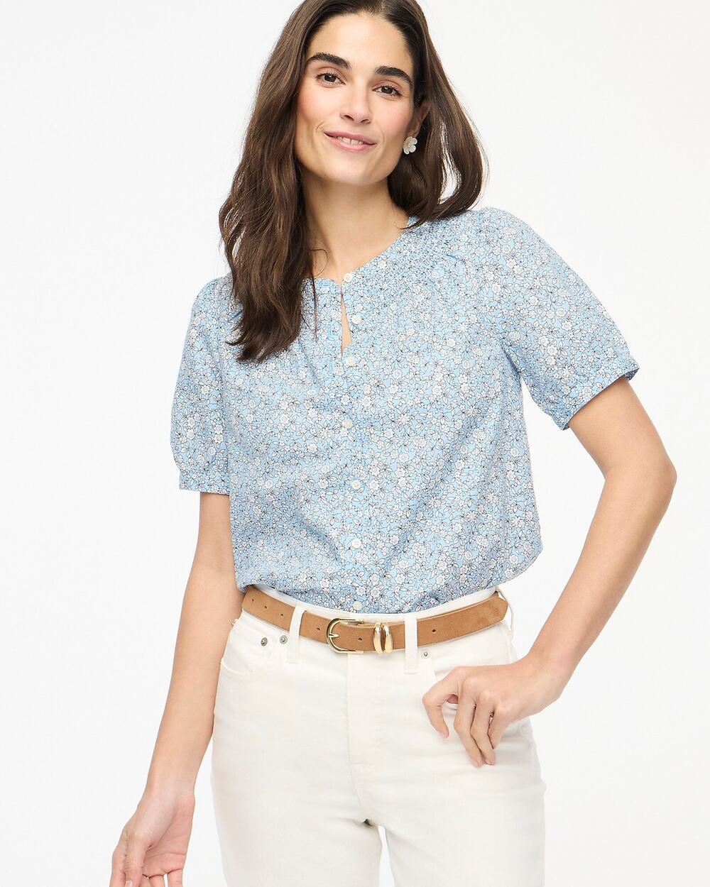 NWT J. Crew Linen-Blend Short-Sleeve Smock-Neck Top Blue Size M